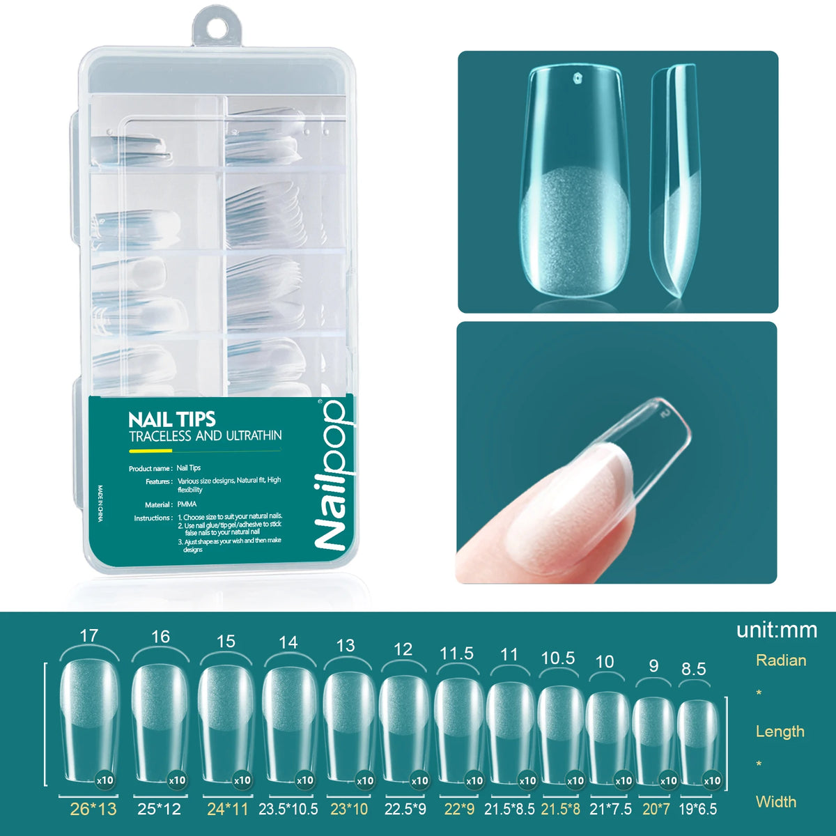 Nailpop 120pcs Shallow Nail Tips 12 Sizes  Flexible Soft Gel Tips Clear Press On Nails Acrylic Poly Gel Extension Salon Manicure