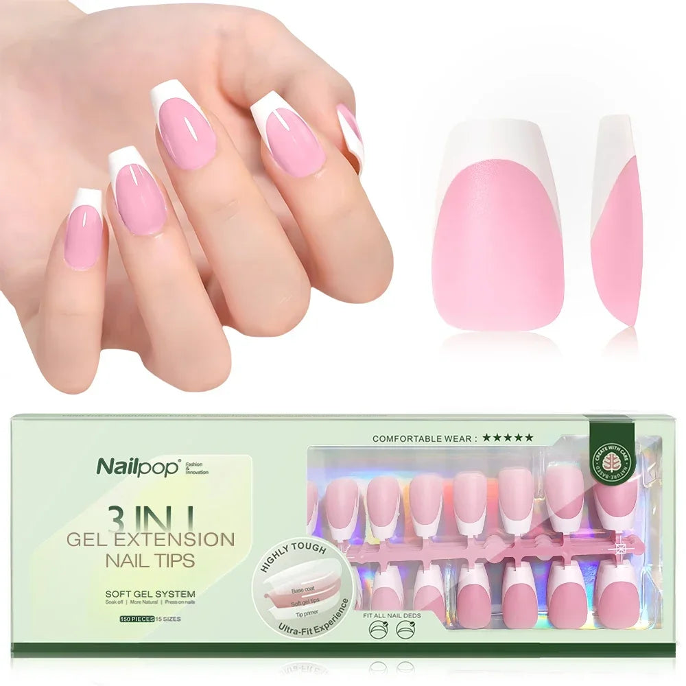 Nailpop 3 in 1 French Gel Nail Tips 150PCS French Press on Nails Short Coffin Tips No Need to File Fake Nails for Nail Art DIY