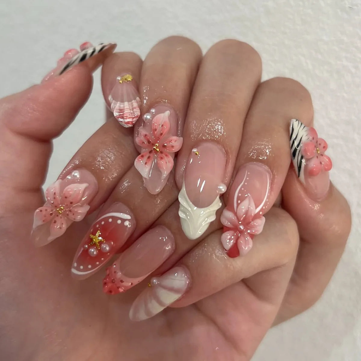 24CS Leopard Print French False Nails Colorful Gradient Almond Press on Nails Summer 3D Flowers with Pearl Fake Nails for Women