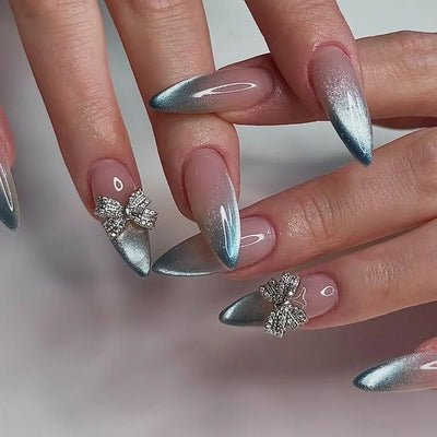 24PCS Y2k Stiletto Stick on False Nails Simple White Lace Flower French Nail Tips Metallic Silver 3D Bow Pearl Almond Fake Nails