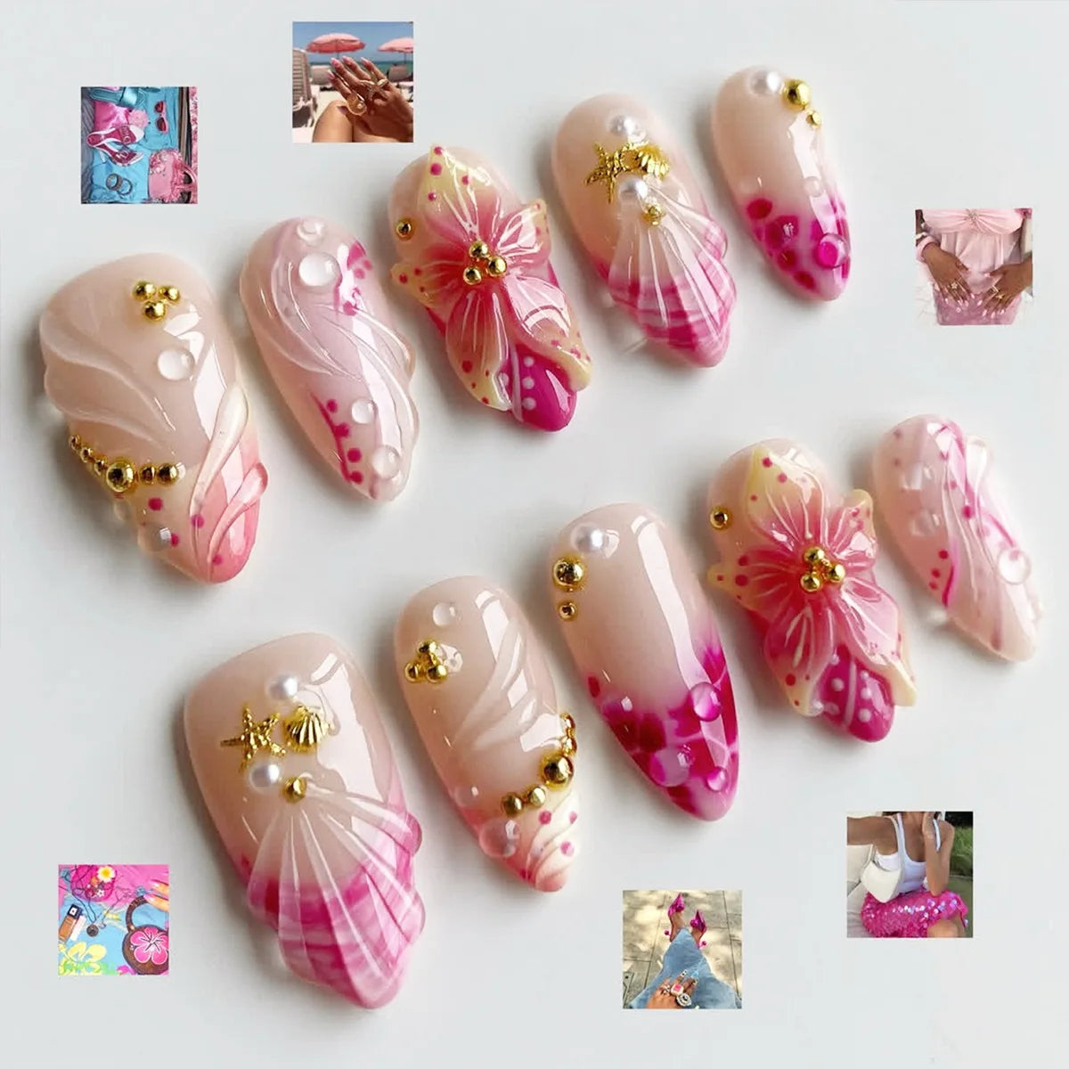 24CS Leopard Print French False Nails Colorful Gradient Almond Press on Nails Summer 3D Flowers with Pearl Fake Nails for Women