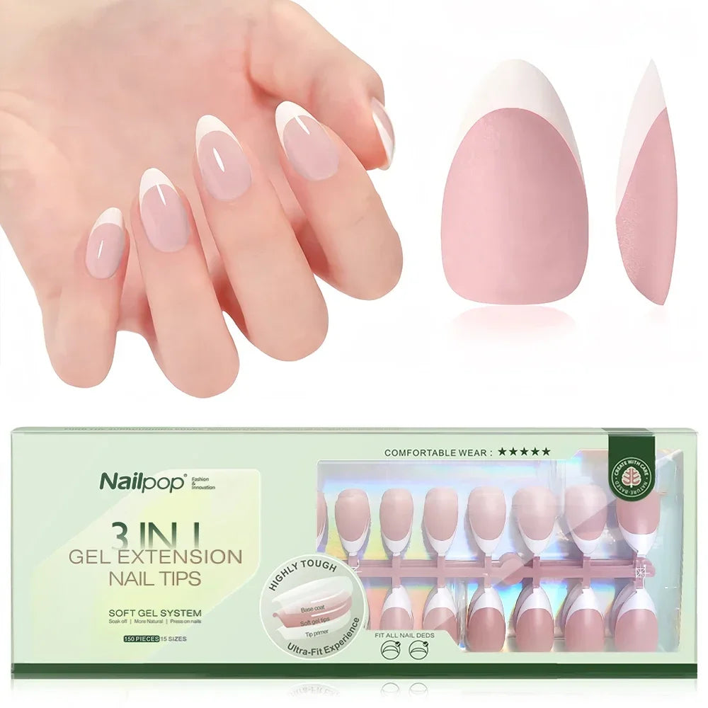 Nailpop 3 in 1 French Gel Nail Tips 150PCS French Press on Nails Short Coffin Tips No Need to File Fake Nails for Nail Art DIY