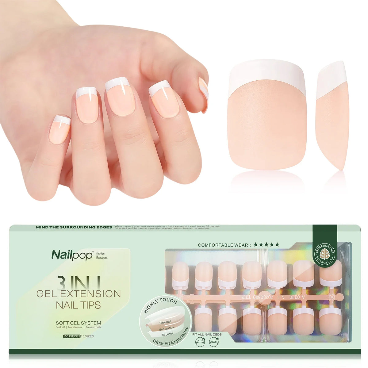 Nailpop 3 in 1 French Gel Nail Tips 150PCS French Press on Nails Short Coffin Tips No Need to File Fake Nails for Nail Art DIY