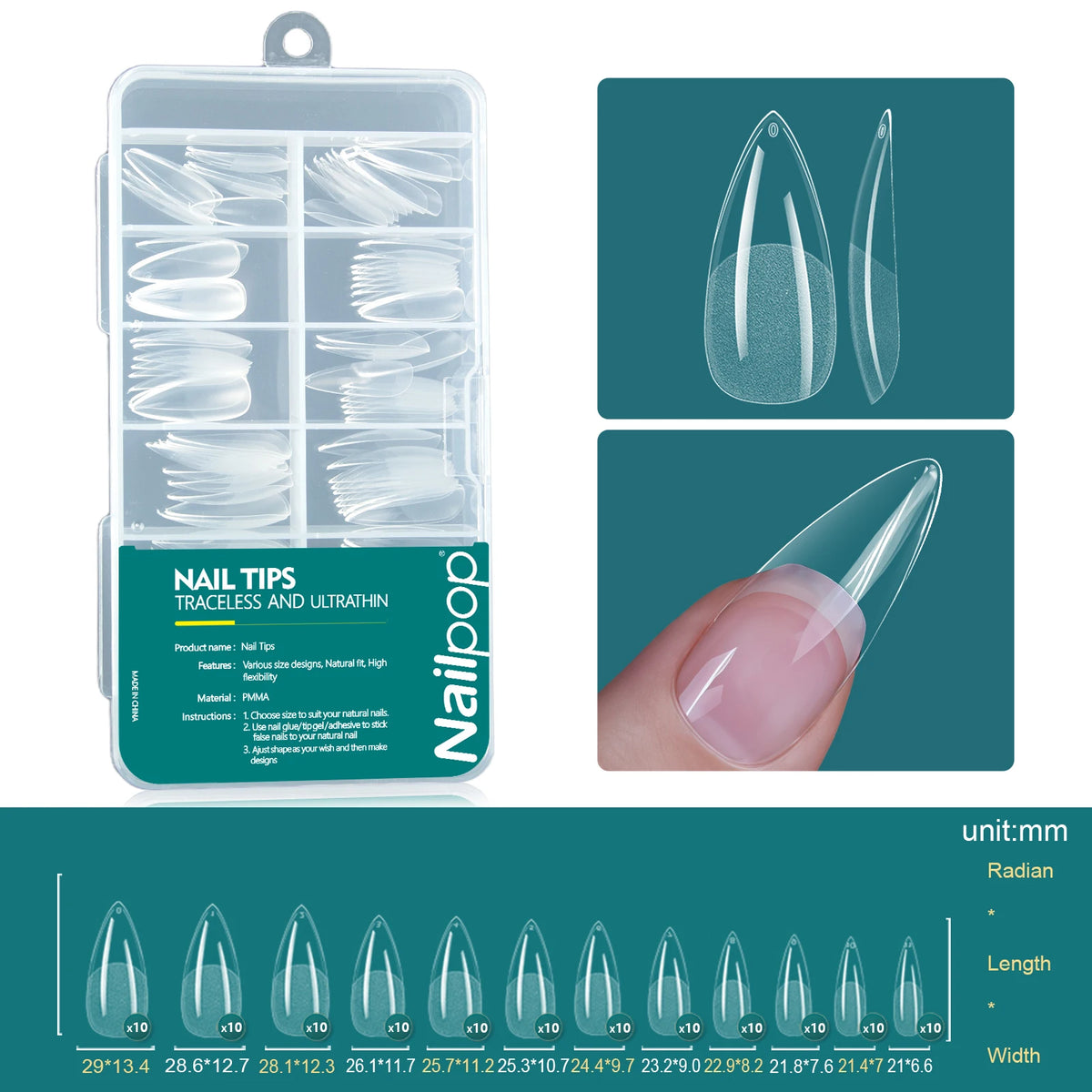 Nailpop 120pcs Shallow Nail Tips 12 Sizes  Flexible Soft Gel Tips Clear Press On Nails Acrylic Poly Gel Extension Salon Manicure