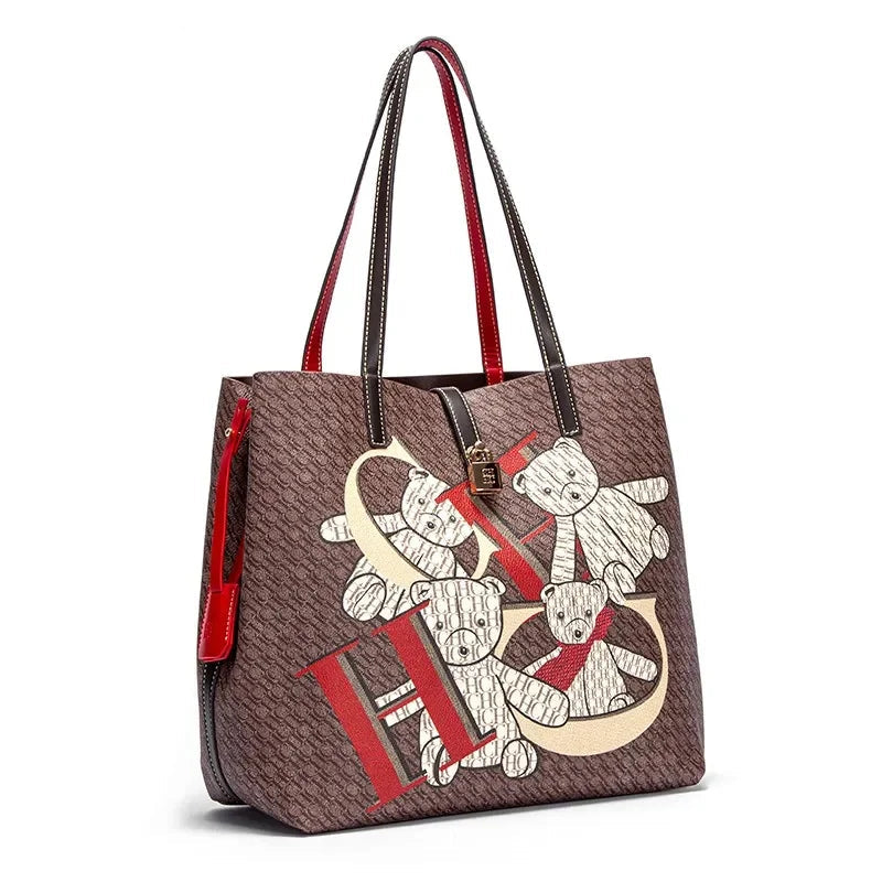 CH Women Tote Bag Large Capacity Handbag Cartoon Bear Print Shoulder Bag PU Leather Fashion Casual Shopping Bag Ladies Purse