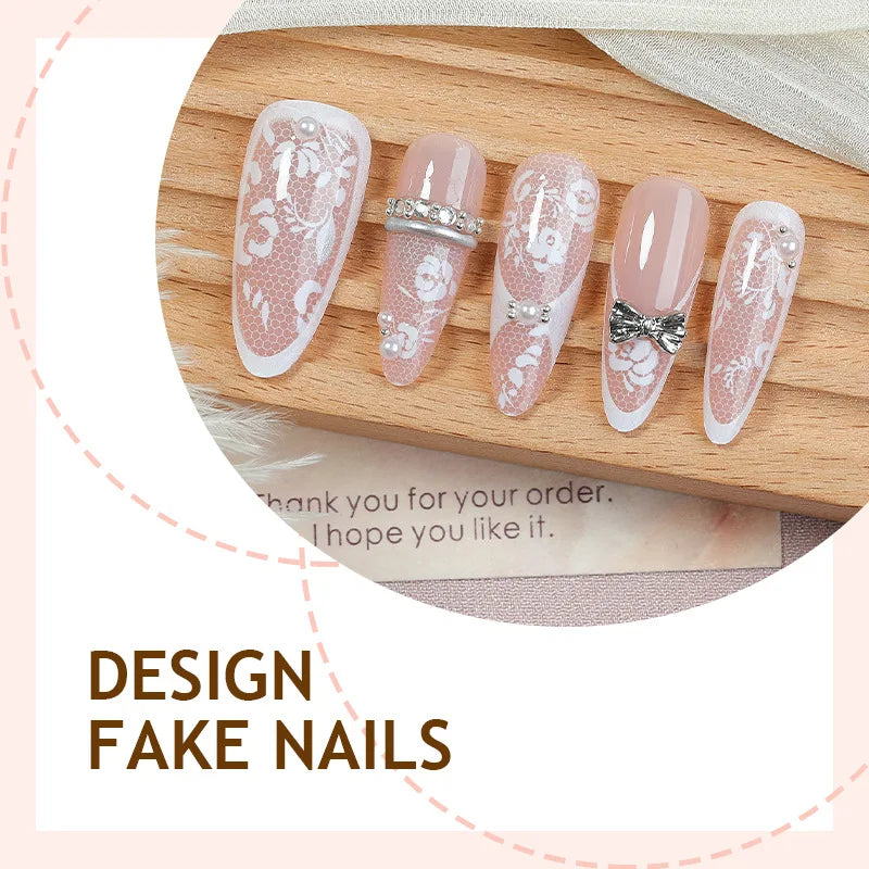 24PCS Y2k Stiletto Stick on False Nails Simple White Lace Flower French Nail Tips Metallic Silver 3D Bow Pearl Almond Fake Nails