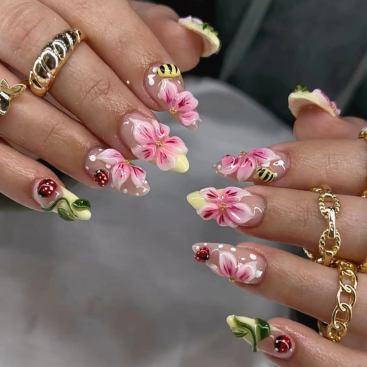 24CS Leopard Print French False Nails Colorful Gradient Almond Press on Nails Summer 3D Flowers with Pearl Fake Nails for Women