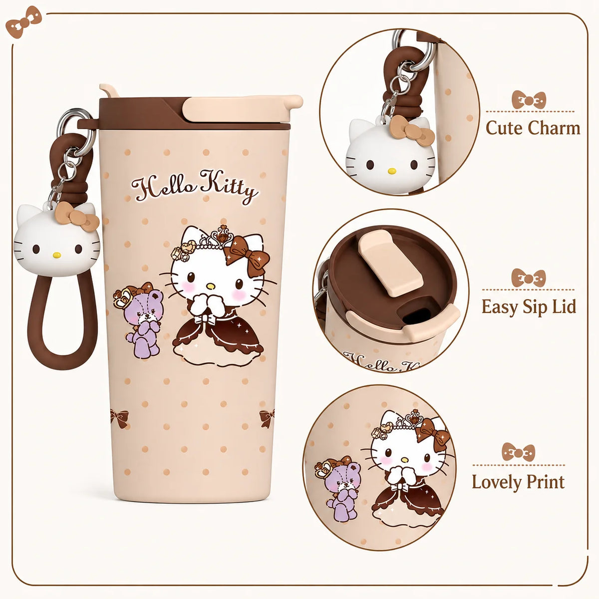 Sanrio Hello Kitty Tumbler Insulated Cup Travel Mug Straw Water Bottle Thermal Coffee Cup Portable Drinkware with Handle Charm