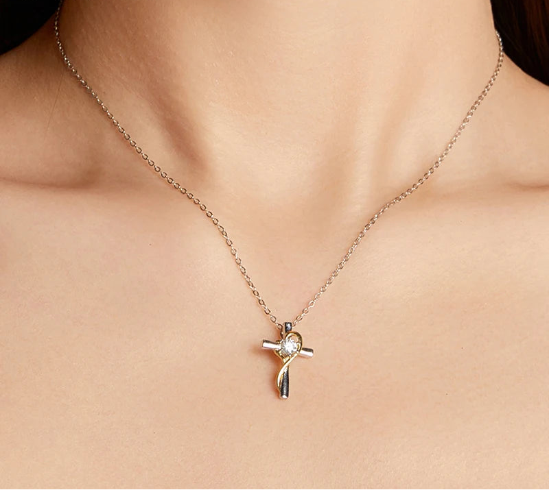 BAMOER Moissanite Cross Necklace worn
