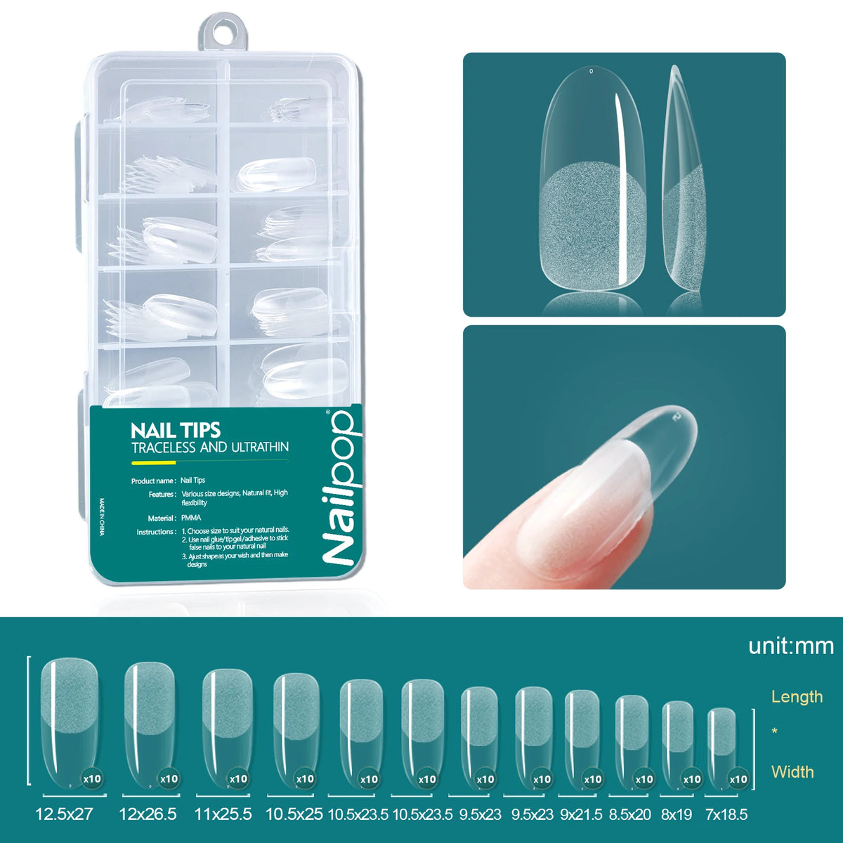Nailpop 120pcs Shallow Nail Tips 12 Sizes  Flexible Soft Gel Tips Clear Press On Nails Acrylic Poly Gel Extension Salon Manicure