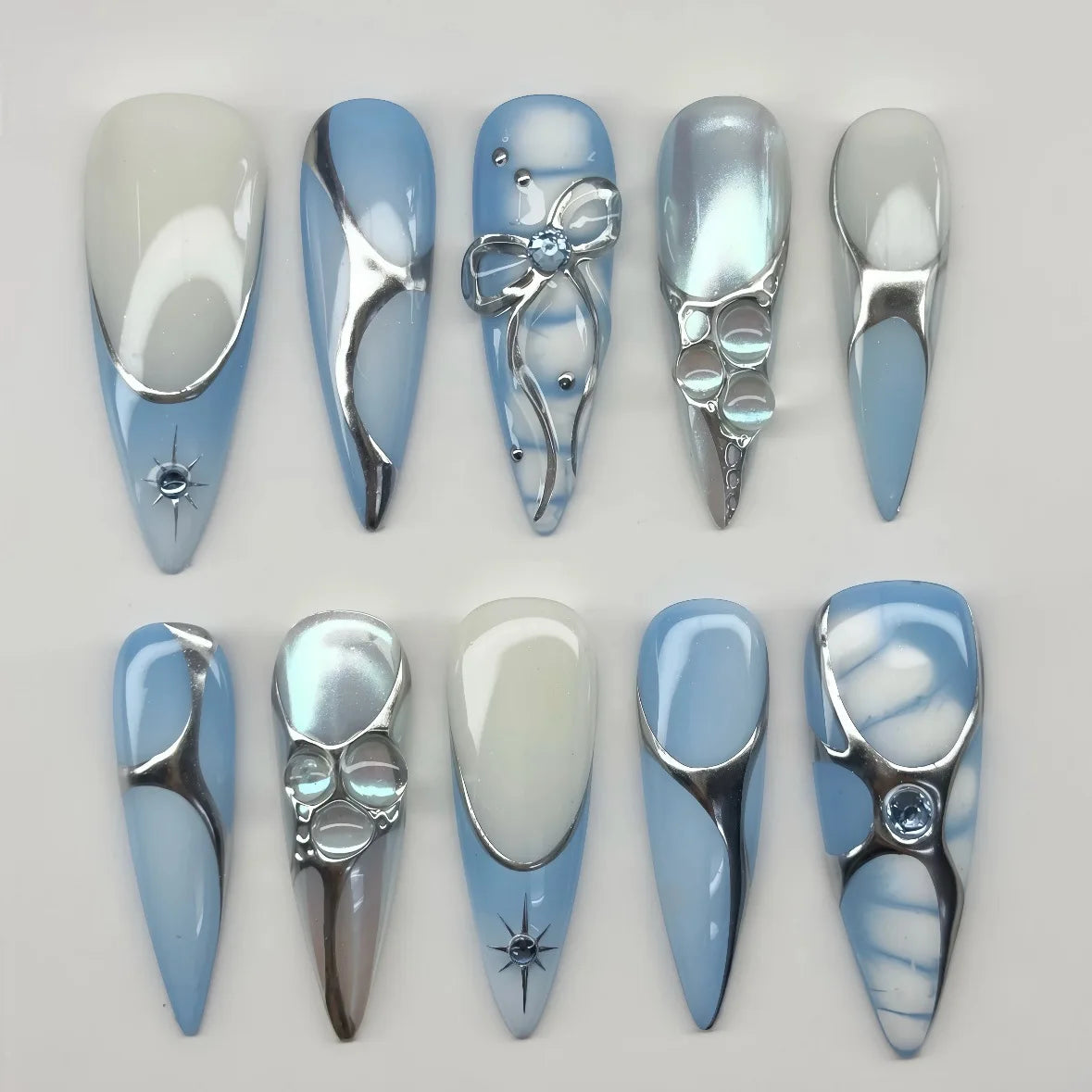 24PCS Y2k Stiletto Stick on False Nails Simple White Lace Flower French Nail Tips Metallic Silver 3D Bow Pearl Almond Fake Nails