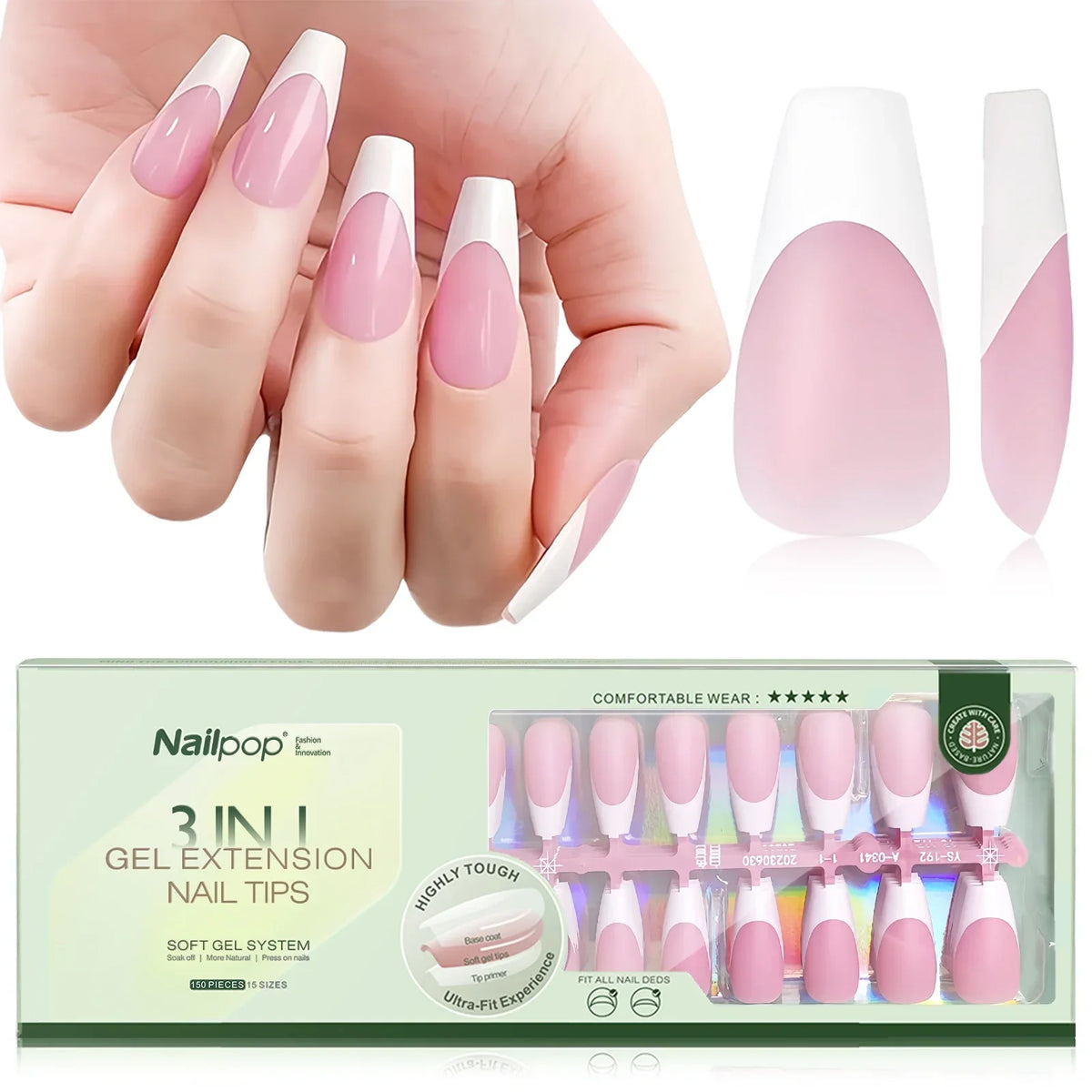 Nailpop 3 in 1 French Gel Nail Tips 150PCS French Press on Nails Short Coffin Tips No Need to File Fake Nails for Nail Art DIY