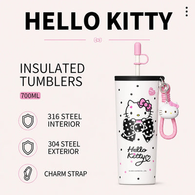 Hello Kitty Sanrio Insulated Tumbler 316 Stainless Steel Water Bottle with Charm Strap – Portable Vacuum Travel Cup for Office, School & Daily Use