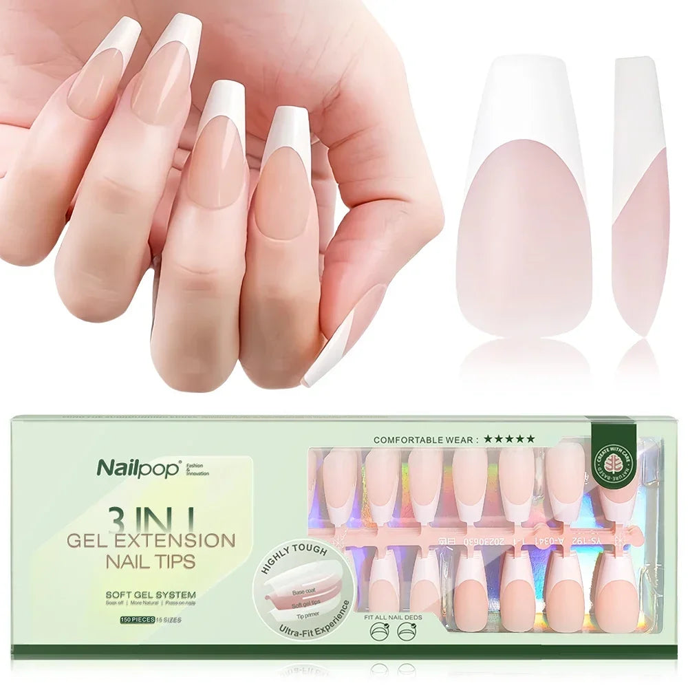 Nailpop 3 in 1 French Gel Nail Tips 150PCS French Press on Nails Short Coffin Tips No Need to File Fake Nails for Nail Art DIY