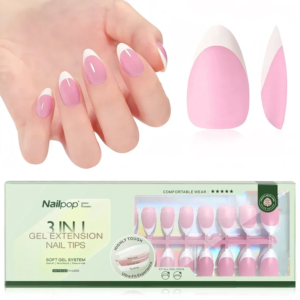 Nailpop 3 in 1 French Gel Nail Tips 150PCS French Press on Nails Short Coffin Tips No Need to File Fake Nails for Nail Art DIY