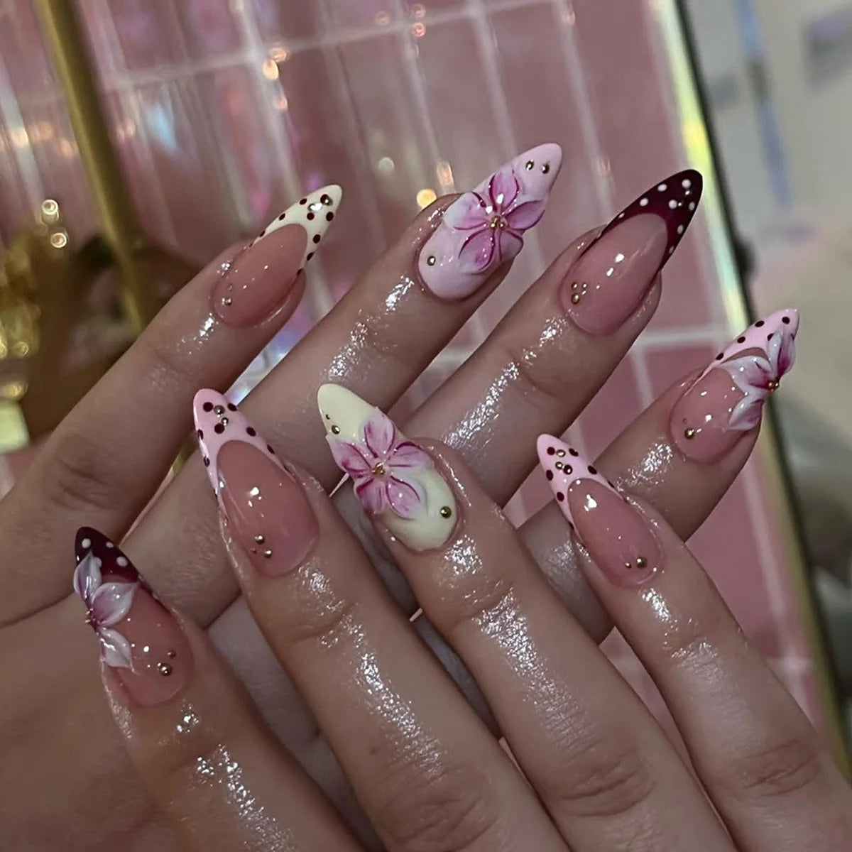 24CS Leopard Print French False Nails Colorful Gradient Almond Press on Nails Summer 3D Flowers with Pearl Fake Nails for Women