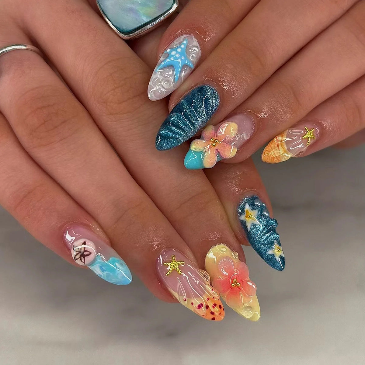 24CS Leopard Print French False Nails Colorful Gradient Almond Press on Nails Summer 3D Flowers with Pearl Fake Nails for Women