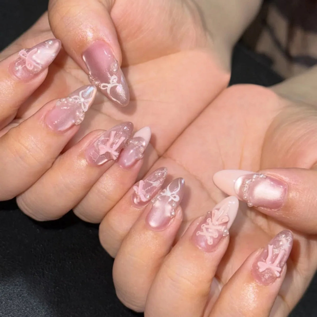 24PCS Y2k Stiletto Stick on False Nails Simple White Lace Flower French Nail Tips Metallic Silver 3D Bow Pearl Almond Fake Nails