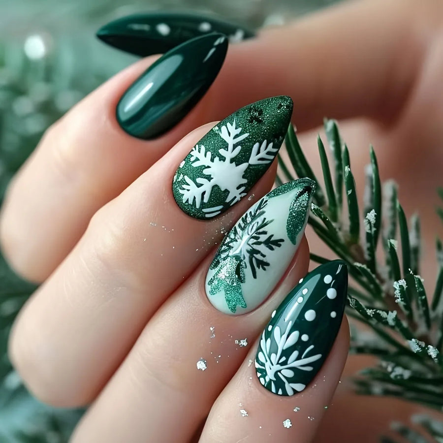 Christmas Snowflake Press-On Nails - Evergreen Ruby Frost