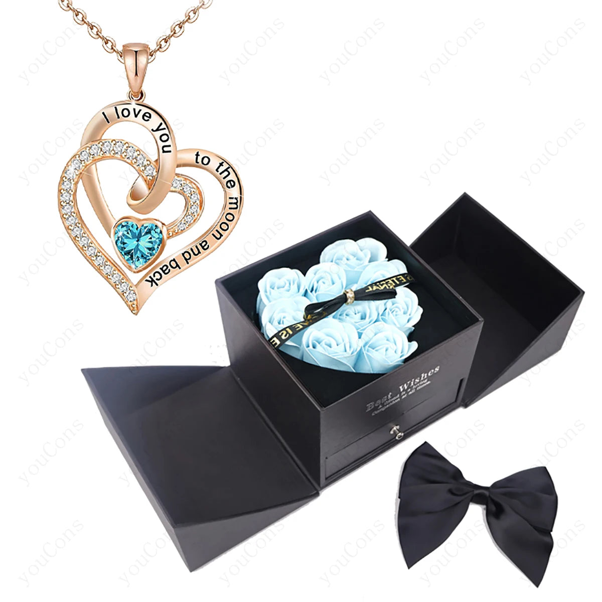 Heart Pendant Necklace rose bow gift box detail
