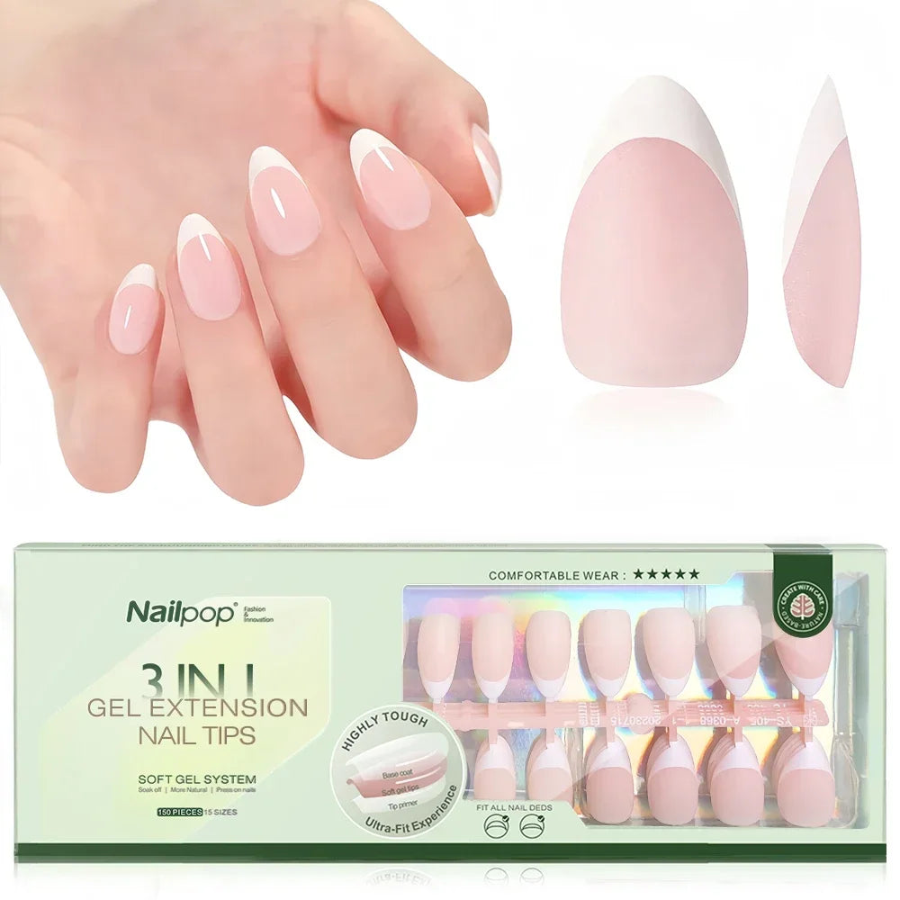 Nailpop 3 in 1 French Gel Nail Tips 150PCS French Press on Nails Short Coffin Tips No Need to File Fake Nails for Nail Art DIY