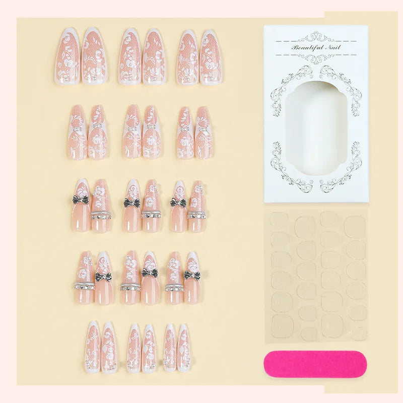 24PCS Y2k Stiletto Stick on False Nails Simple White Lace Flower French Nail Tips Metallic Silver 3D Bow Pearl Almond Fake Nails