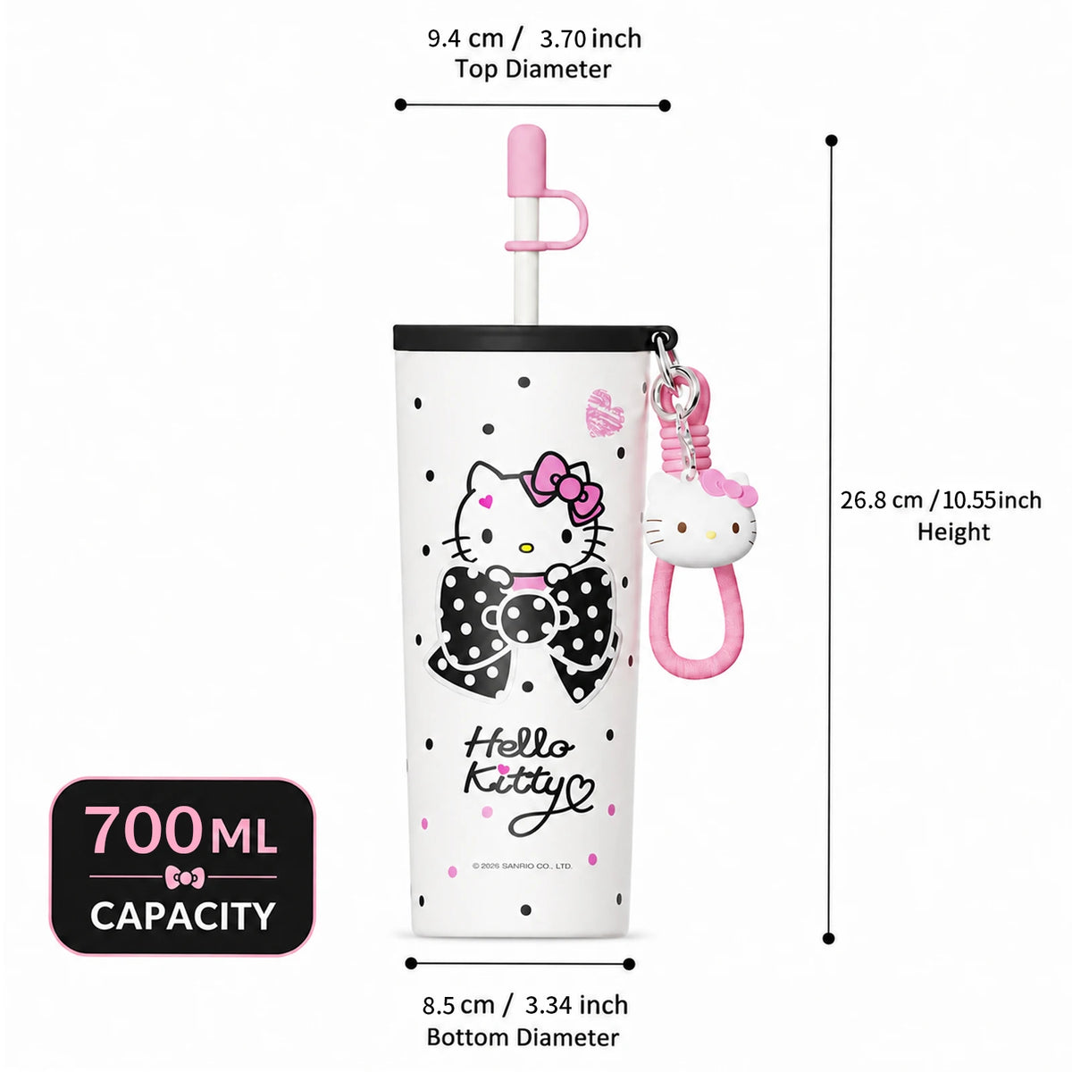 Hello Kitty Sanrio Insulated Tumbler 316 Stainless Steel Water Bottle with Charm Strap – Portable Vacuum Travel Cup for Office, School & Daily Use