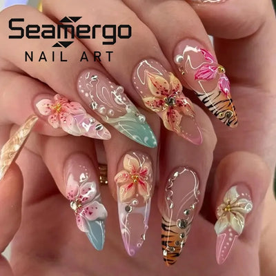24CS Leopard Print French False Nails Colorful Gradient Almond Press on Nails Summer 3D Flowers with Pearl Fake Nails for Women