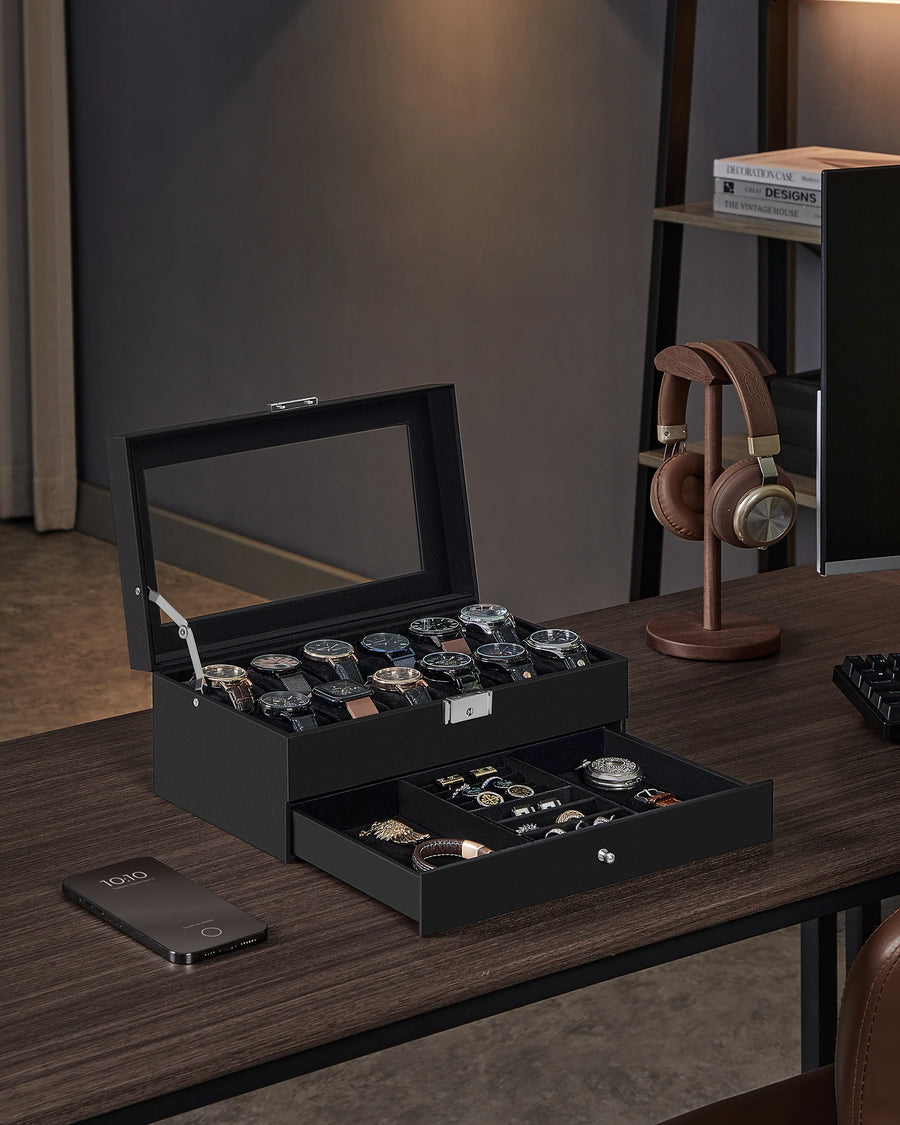 12-Slot Watch Box with Glass Lid