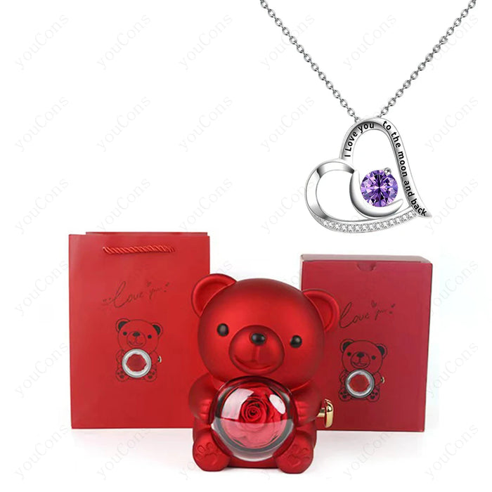 Heart Pendant Necklace with Bear Rose Box