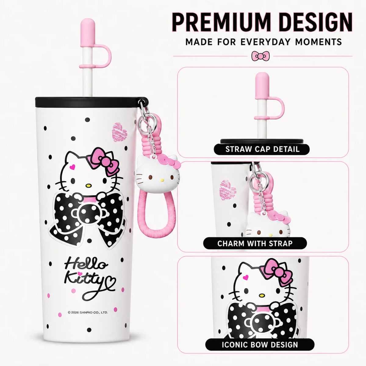Hello Kitty Sanrio Insulated Tumbler 316 Stainless Steel Water Bottle with Charm Strap – Portable Vacuum Travel Cup for Office, School & Daily Use