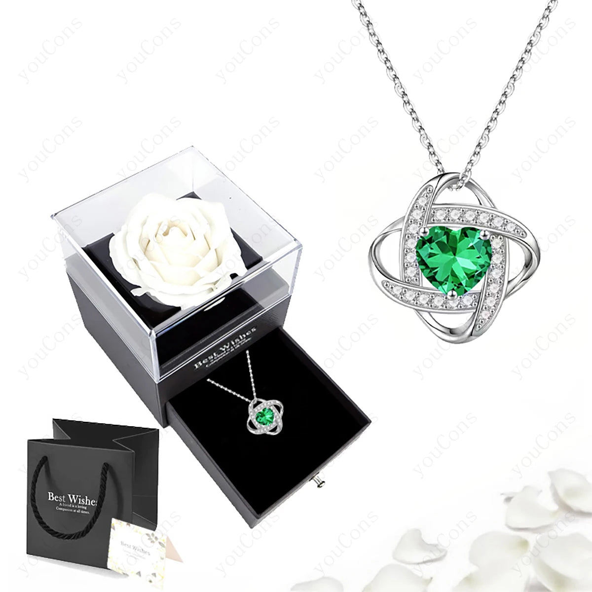 Green Heart Pendant Necklace with Rose Gift Box