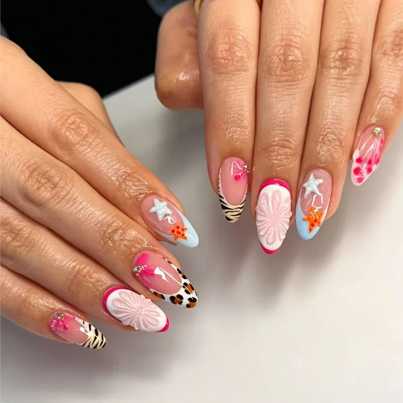 24CS Leopard Print French False Nails Colorful Gradient Almond Press on Nails Summer 3D Flowers with Pearl Fake Nails for Women