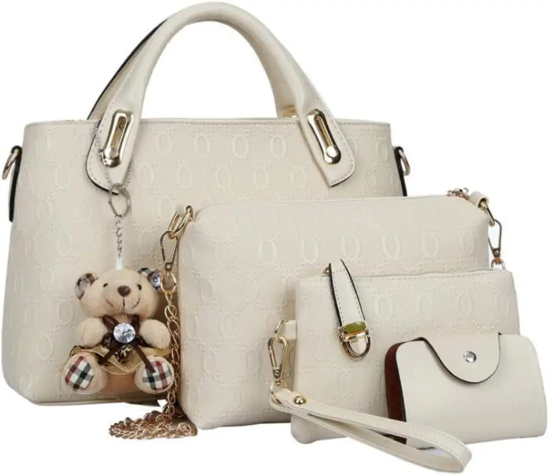 Women's 4-Piece Handbag Set with Bear Pendant