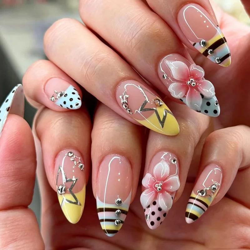 24CS Leopard Print French False Nails Colorful Gradient Almond Press on Nails Summer 3D Flowers with Pearl Fake Nails for Women