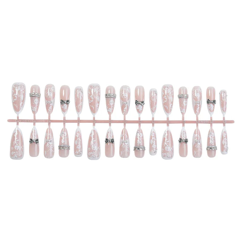24PCS Y2k Stiletto Stick on False Nails Simple White Lace Flower French Nail Tips Metallic Silver 3D Bow Pearl Almond Fake Nails