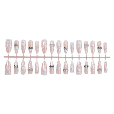 24PCS Y2k Stiletto Stick on False Nails Simple White Lace Flower French Nail Tips Metallic Silver 3D Bow Pearl Almond Fake Nails