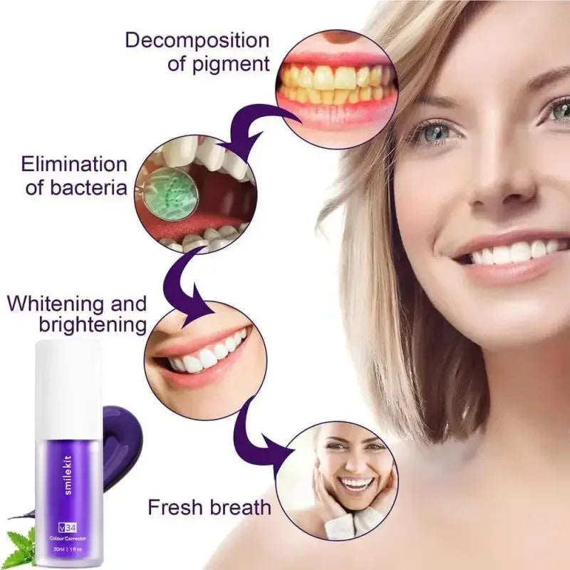 V34 Purple Whitening Toothpaste before and after